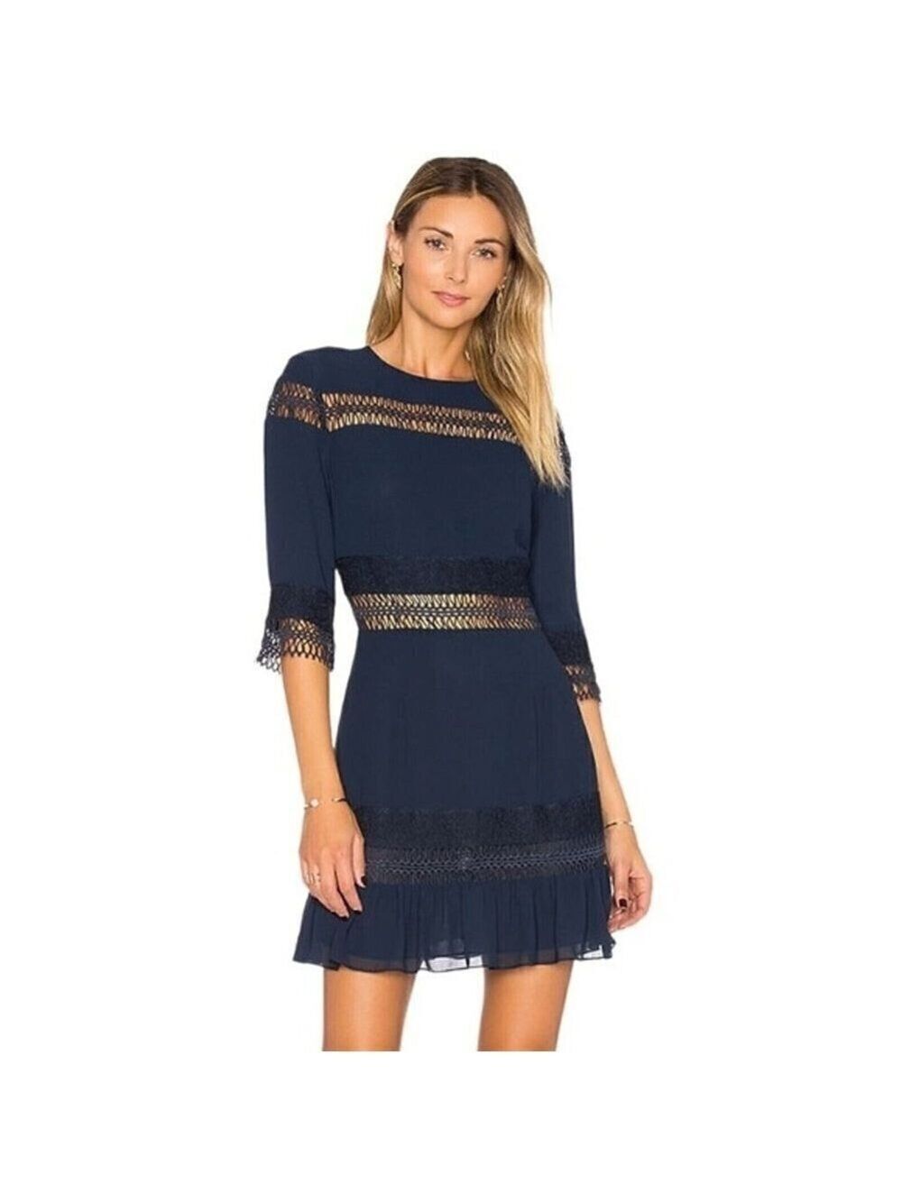 TULAROSA Women mini dress sz Xsmall navy blue lace insert trim flounce hem